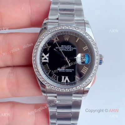  Rolex Datejust Black Face Diamond Bezel Swiss Replica Watches 36mm